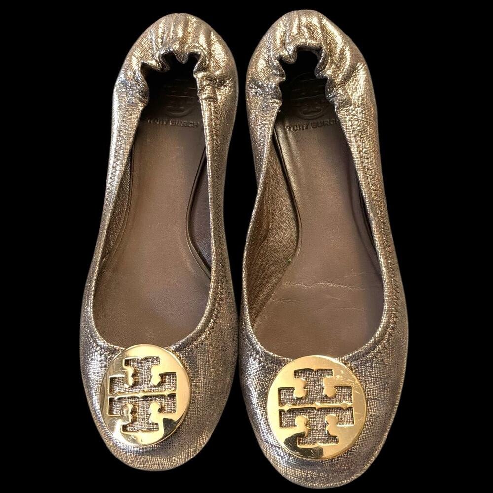 Size 10.5 TORY BURCH "Reva" Metallic Gold With Gold Logo Excellent Condition